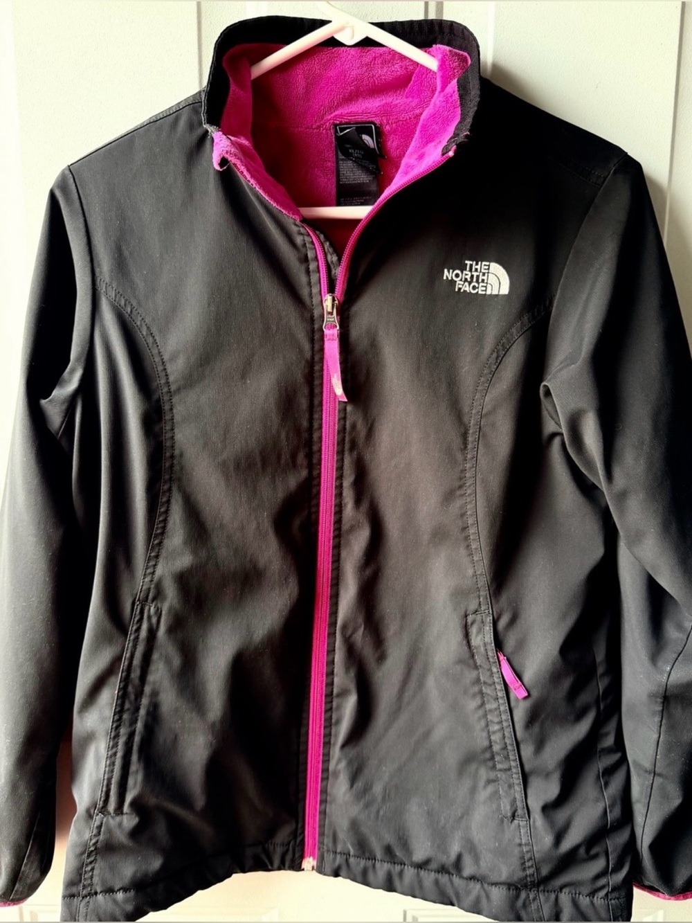 The North Face Girls XL Black Softshell Jacket Pink Fleece Lined Full Zip Youth